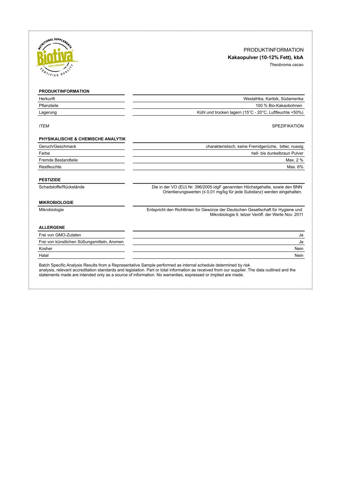 Produktinformationsblatt von Biotiva Kakao Pulver. Enthält Angaben zu Inhaltsstoffen, Analyse und Pestiziden.
