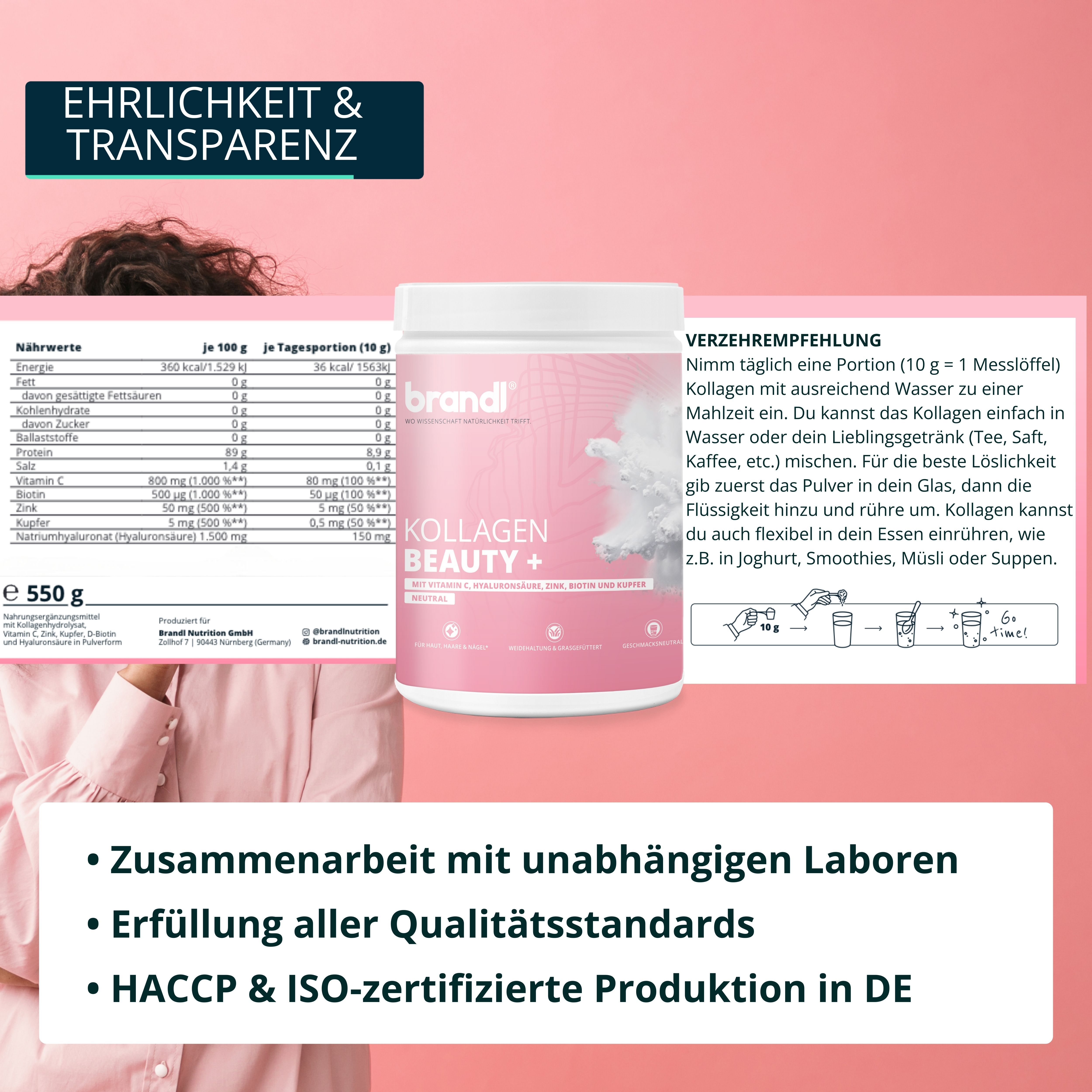 Produktglas "brandl® Kollagen Beauty +" mit Nährwerttabelle und Verzehrempfehlung. Text: 10 g Kollagen. Zertifizierungen: HACCP & ISO.