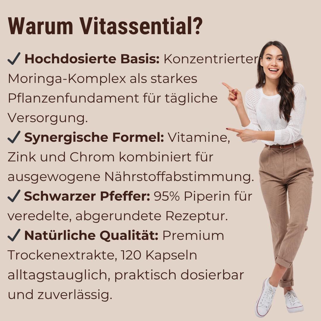 Eine Frau zeigt auf Text. Vorteile von Vitassential: hochdosiert, synergistisch, mit Piperin, natürlich.