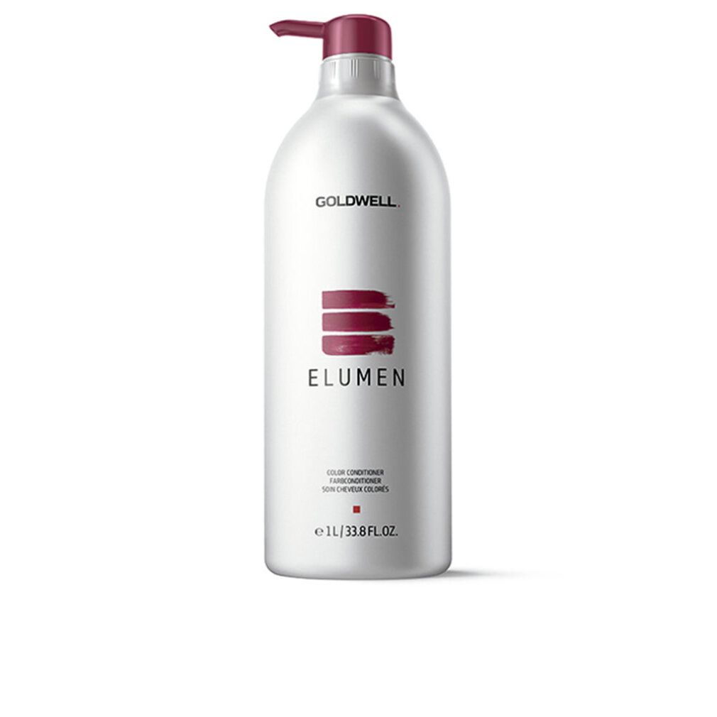 Weiße Flasche mit Pumpe, Aufschrift "ELUMEN". Roter Pumpkopf. Text: "COLOR CONDITIONER".