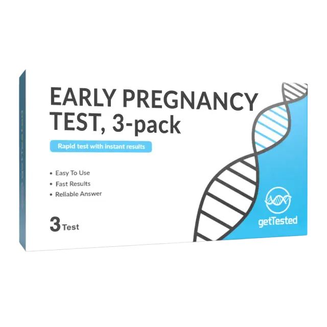 Verpackung mit Schwangerschaftstest, 3er-Pack. Aufschrift: Early Pregnancy Test. Enthält 3 Tests. Marke: getTested.