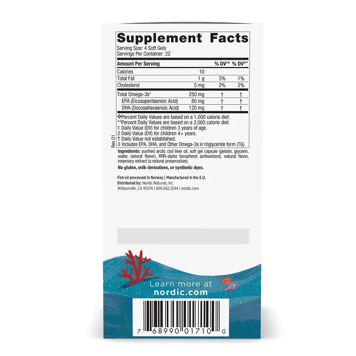 Nährwertangaben für Nordic Naturals Kinder DHA, 250 mg Omega-3 pro Portion.