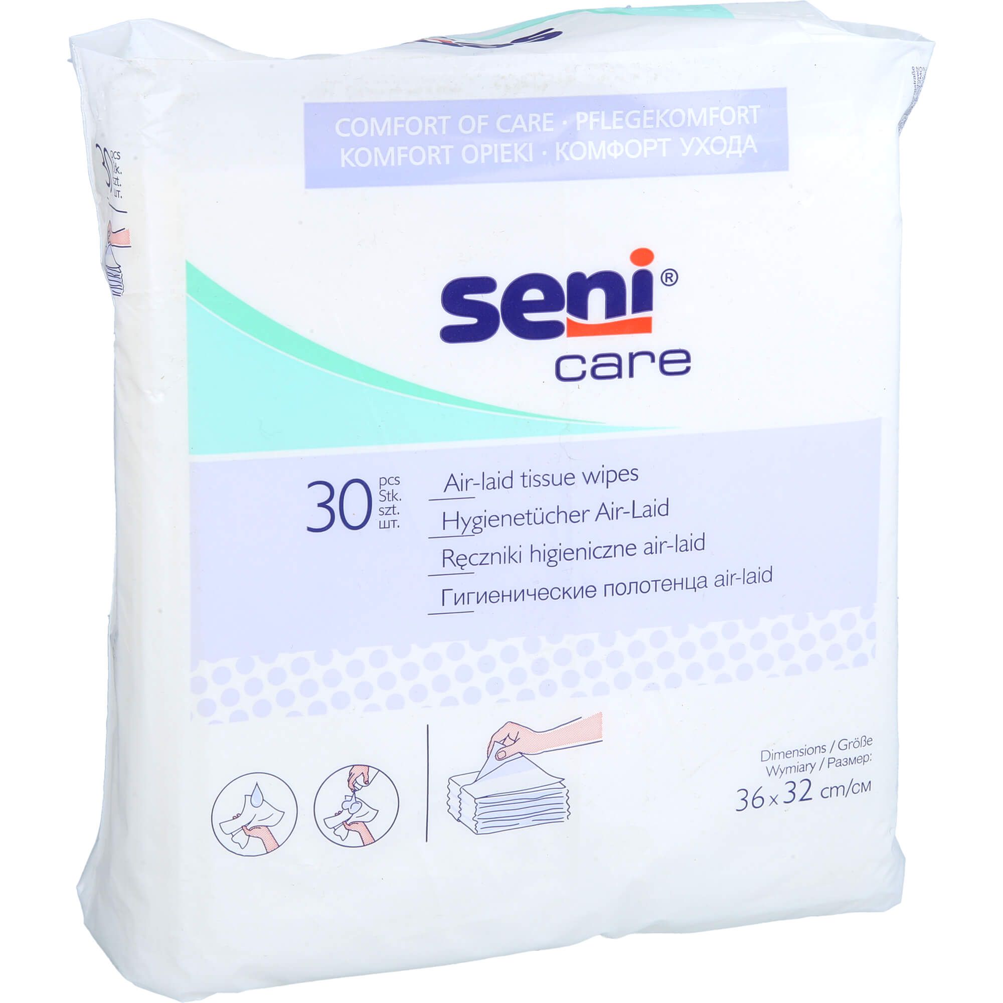 Weißes Seni Care Hygienetücher-Paket. Aufschrift: Seni Care, 30 Stück, Air-laid tissue wipes. Abmessungen: 36x32 cm.