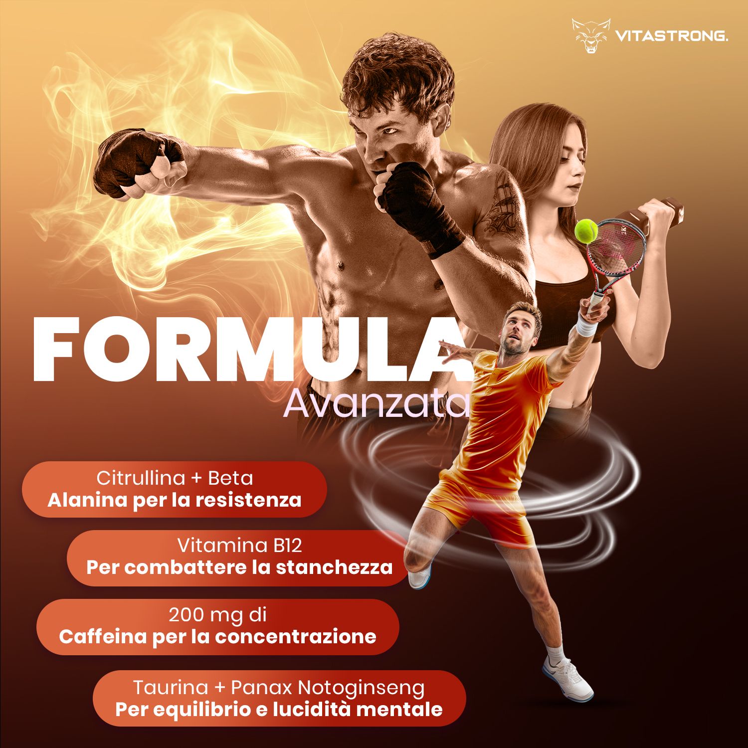 Werbebild mit Sportlern. Text: Fortschrittliche Formel. Inhaltsstoffe: Citrullin, Beta Alanin, Vitamin B12, Koffein, Taurin.