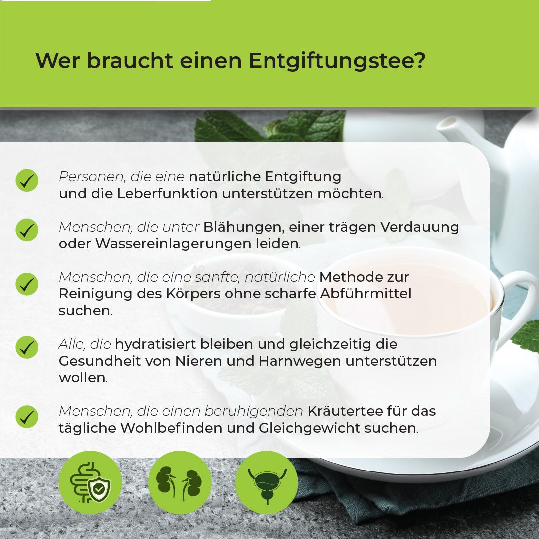 Frau trinkt Biostile Detox Tee, Anleitung zur Zubereitung und Anwendung.