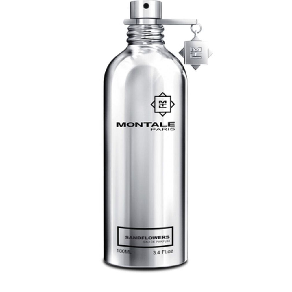 Silberne Flasche mit Sprühkopf und Anhänger. Aufschrift: Montale Paris, Sandflowers Eau de Parfum. 100ml, 3.4 Fl. Oz.