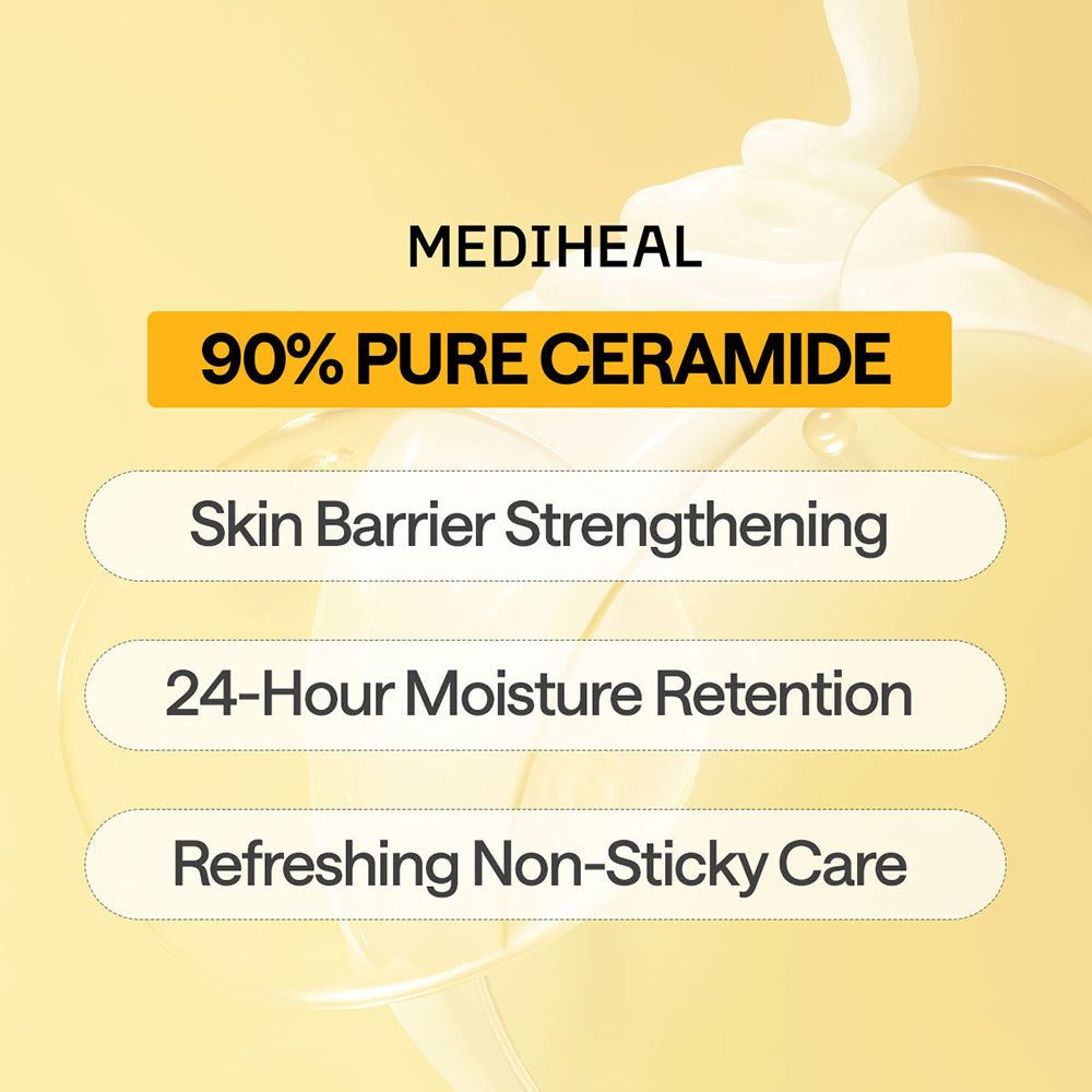 Gelber Hintergrund mit Text. MEDIHEAL und 90% PURE CERAMIDE. Weitere Texte: Skin Barrier Strengthening, 24-Hour Moisture Retention, Refreshing Non-Sticky Care.