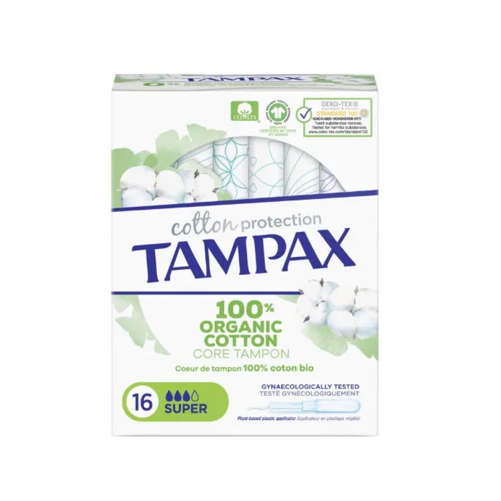 Verpackung von Tampax Organic Super Tampons. 16 Stück. 100% Bio-Baumwolle. Mit Applikator aus Pflanzenkunststoff.