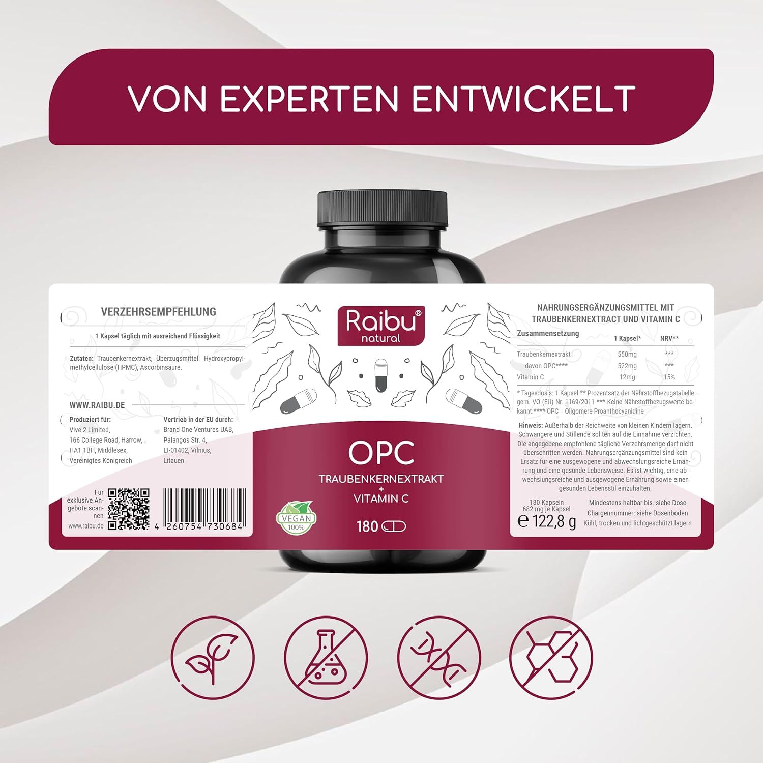 Produktflasche mit Etikett. Text: OPC Traubenkernextrakt Vitamin C. 180 Kapseln. Vegan. Informationen zur Zusammensetzung.