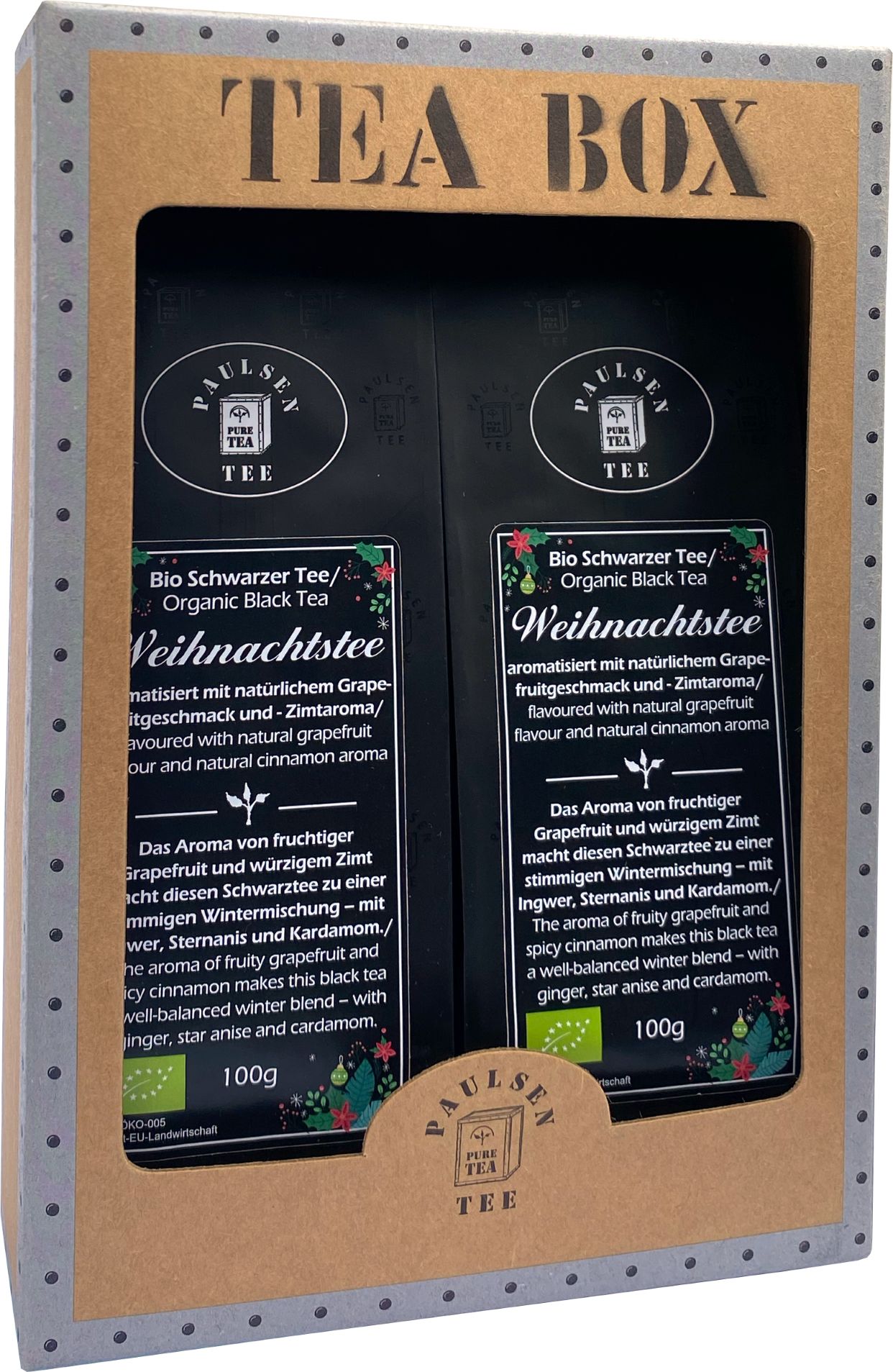 Geschenkbox mit zwei Packungen Paulsen Bio Weihnachtstee. Schwarze Teebeutel mit Text und Logo. Bio-Siegel.