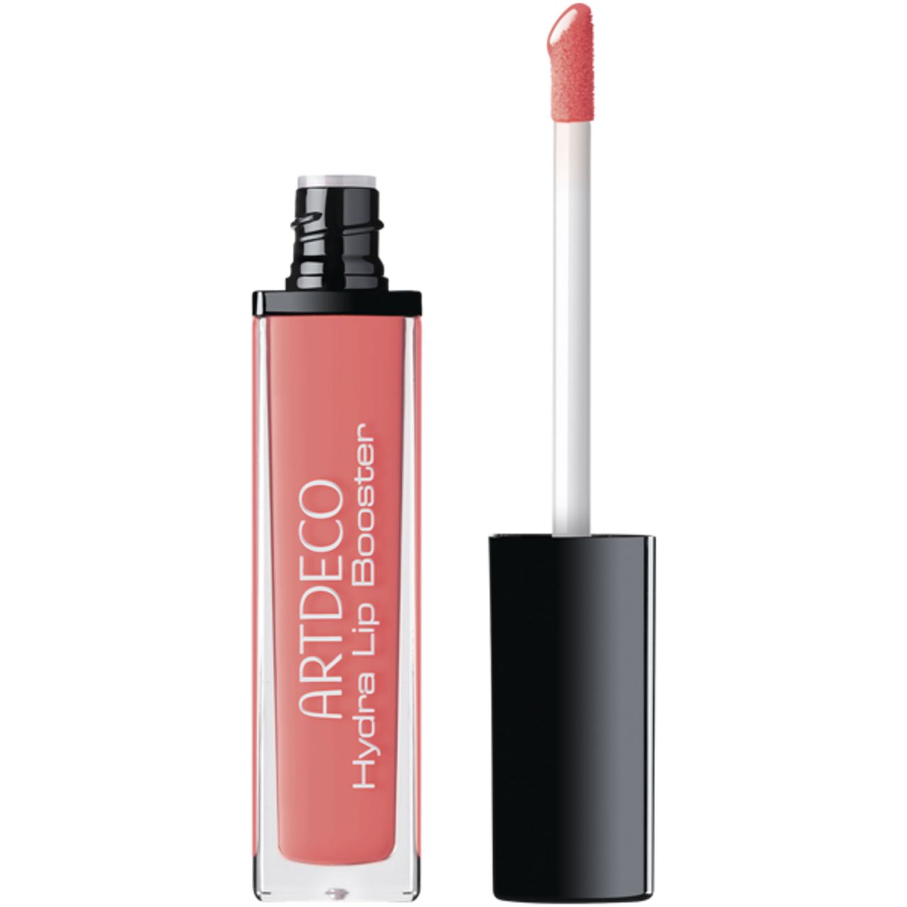 Hydra Lip Booster von Artdeco. Transparente, rechteckige Flasche mit rosa Inhalt. Schwarzer Deckel und Applikator. Applikator ist herausgezogen.