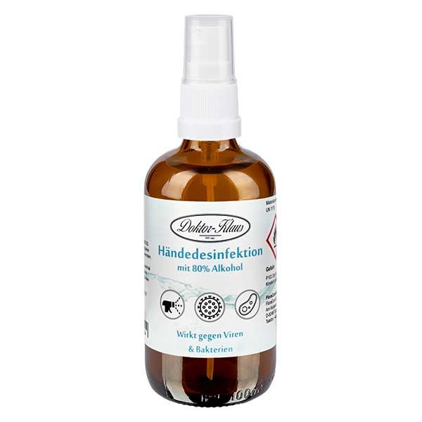 Braune Glasflasche mit Sprühkopf. Etikett mit Produktname und Informationen. Wirkt gegen Viren und Bakterien.