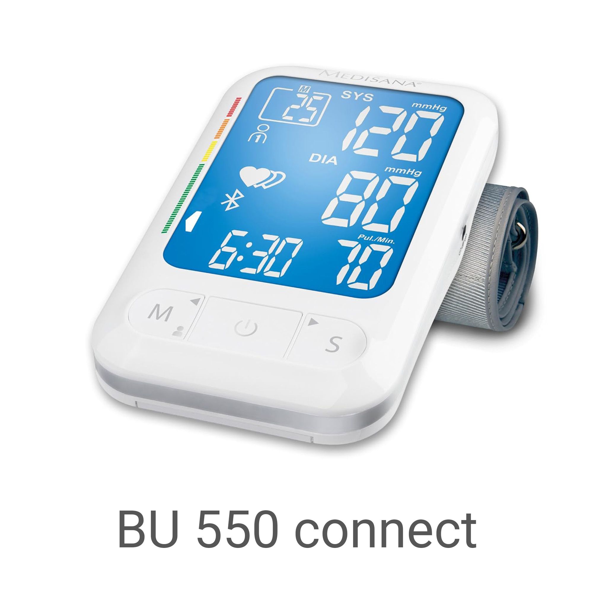 Medisana BU 550 connect Oberarm-Blutdruckmessgerät mit blauem Display und Manschette.