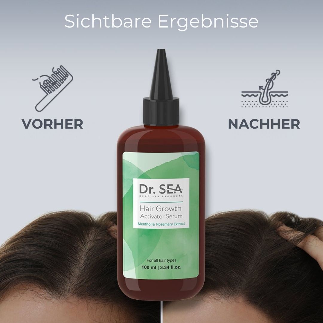Produktflasche mit Vorher-Nachher-Bildern. Dr. SEA, Hair Growth Activator Serum. Für alle Haartypen. 100 ml.