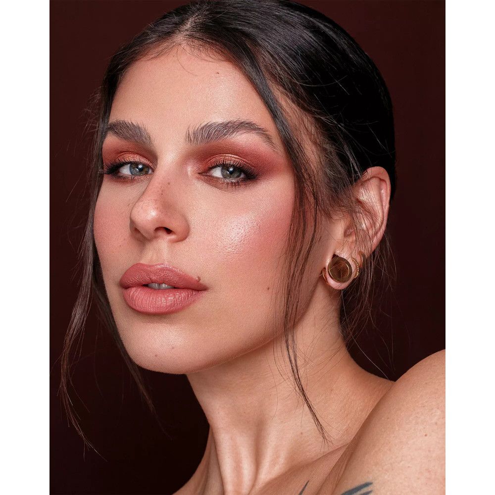 Nahaufnahme einer Frau mit Make-up. Braune Lidschatten, rosa Lippen und Rouge.