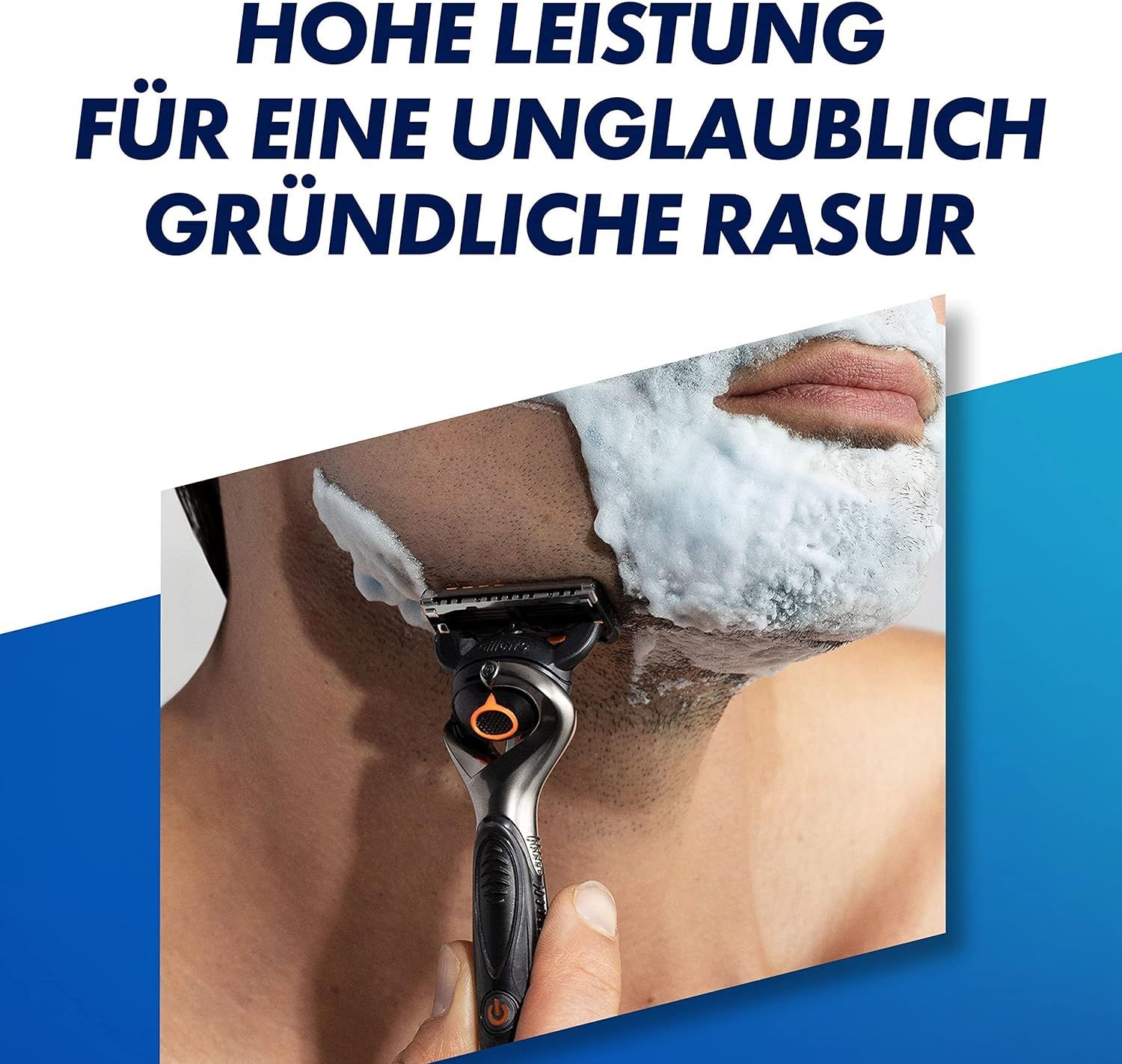 Gillette ProGlide Power Rasierer in Anwendung. Rasierer mit schwarzem Griff und orangefarbenem Klingenkopf. Bart mit Rasierschaum.