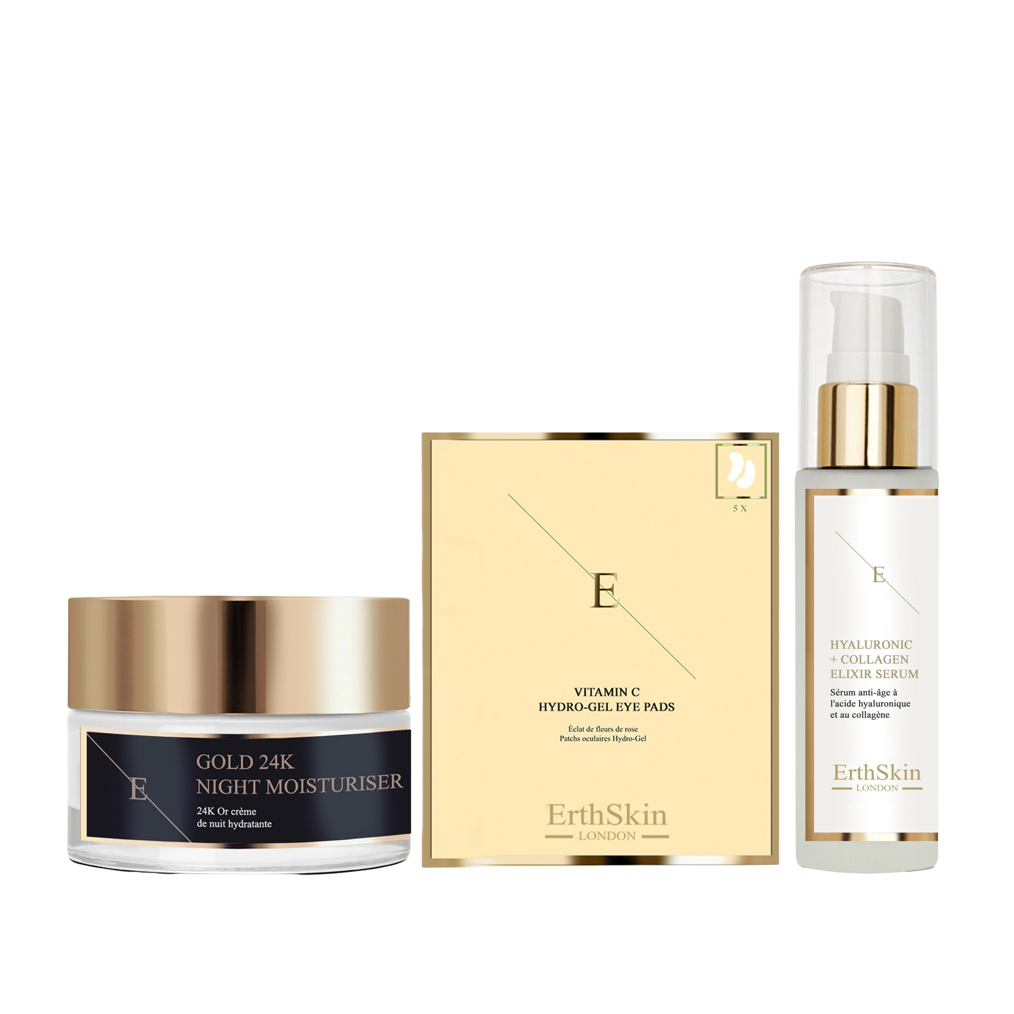 Drei Kosmetikprodukte: Nachtfeuchtigkeitscreme, Augenpads und Serum. Goldfarbene Deckel und Verpackungen. ErthSkin-Logo.