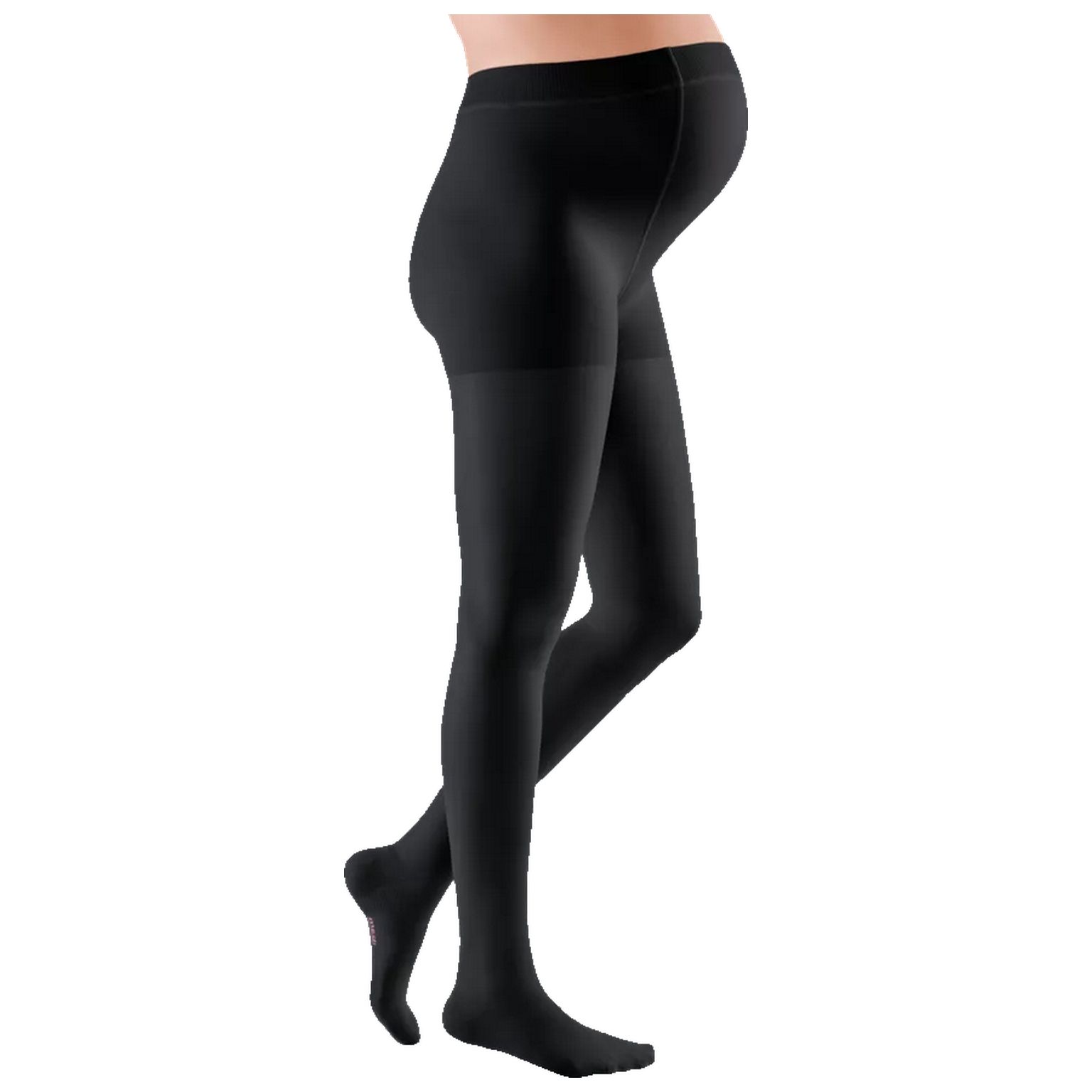 Schwarze Kompressions-Umstandshose. Blick von der Seite, eine Person trägt sie. Der Bauch ist sichtbar.