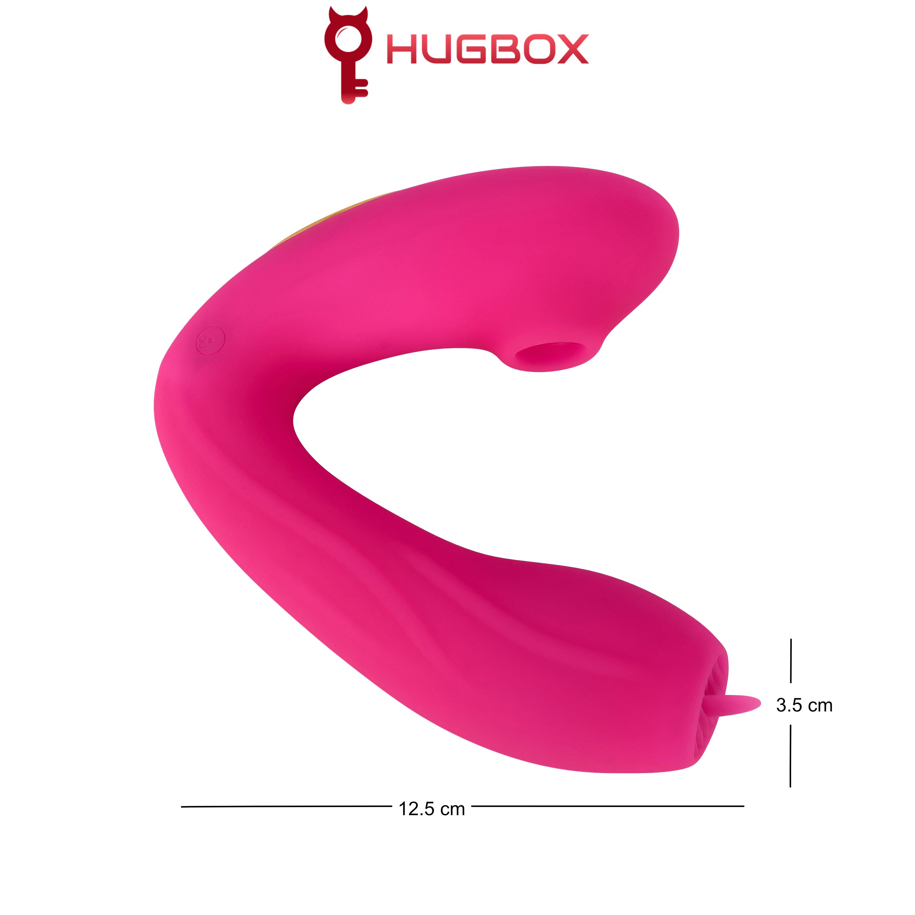 Rosa Wellness-Produkt, gebogen, mit zwei Öffnungen. Abmessungen: 12,5 cm x 3,5 cm. HUGBOX Logo.