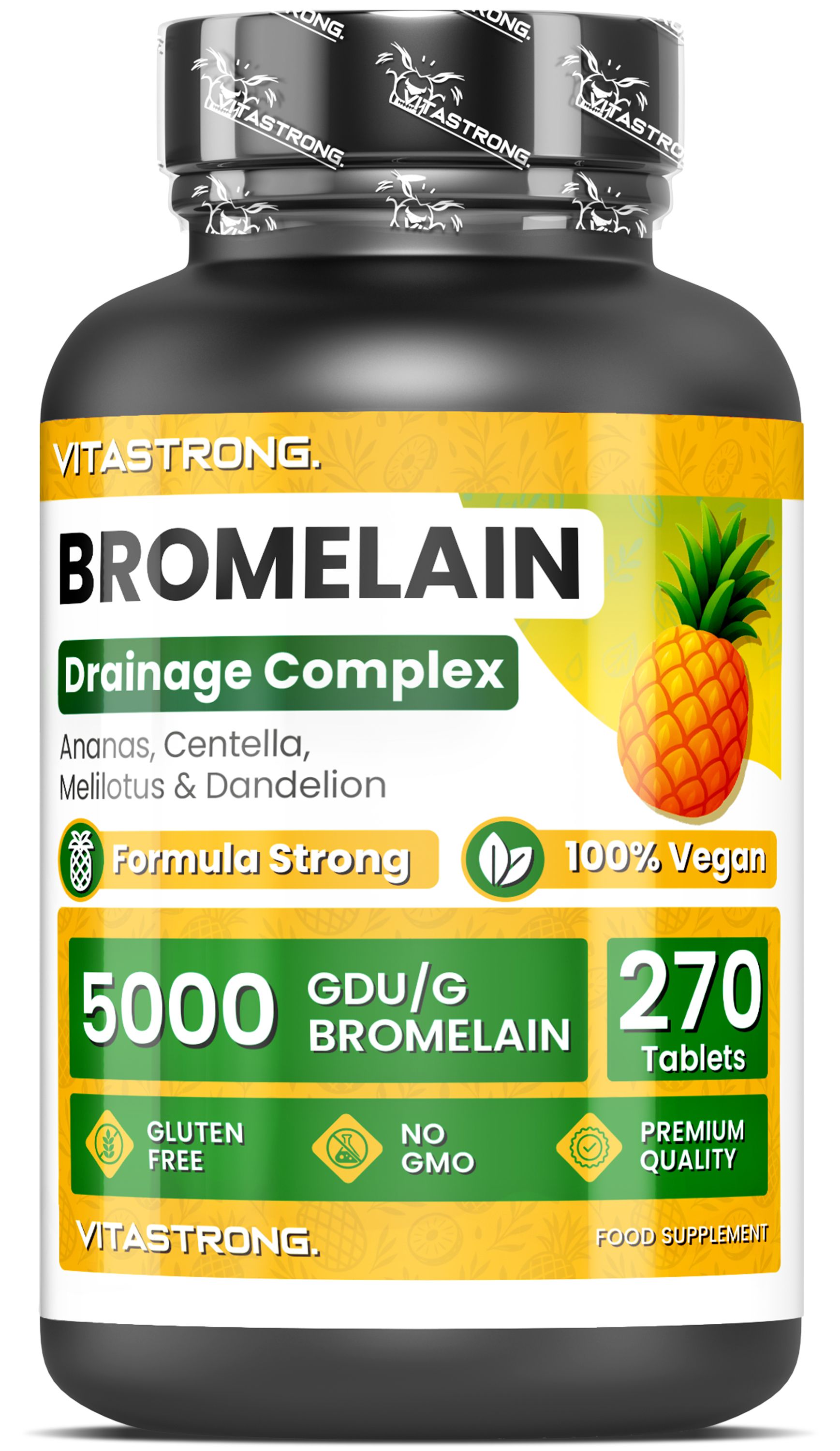 Vitastrong Bromelain Flasche. Drainage Complex. 5000 GDU/g Bromelain, 270 Tabletten. Glutenfrei, Ohne GVO.
