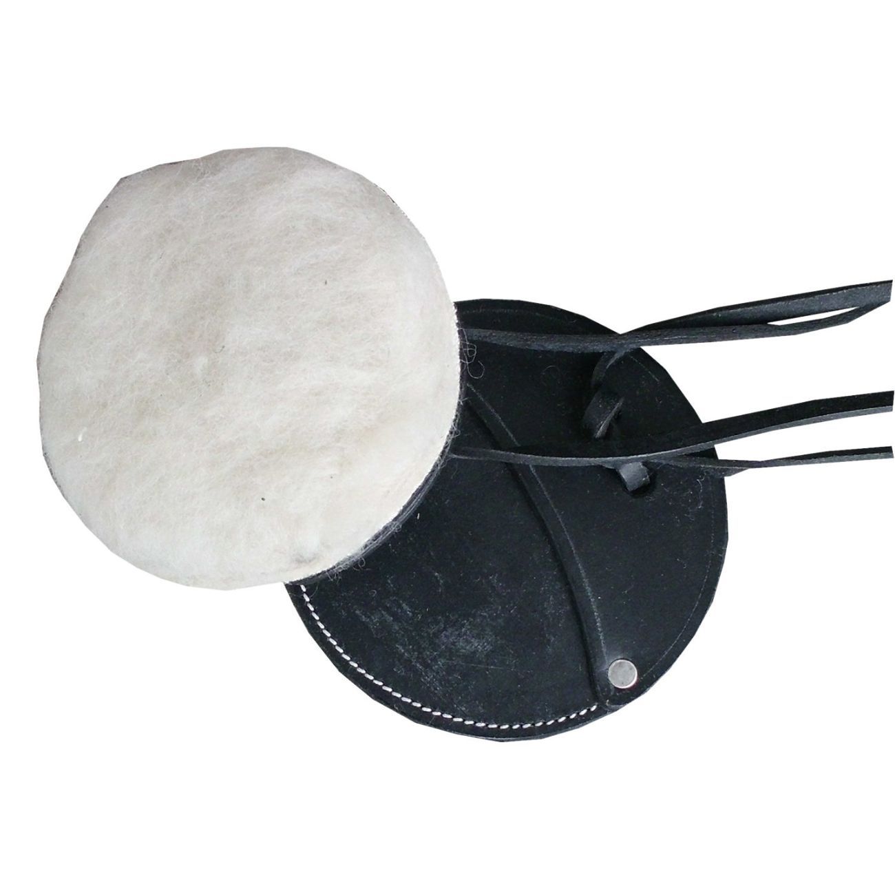 Runder Gurtringschutz aus Leder und Filz. Schwarzes Leder, weißer Filz. Mit Lederriemen.