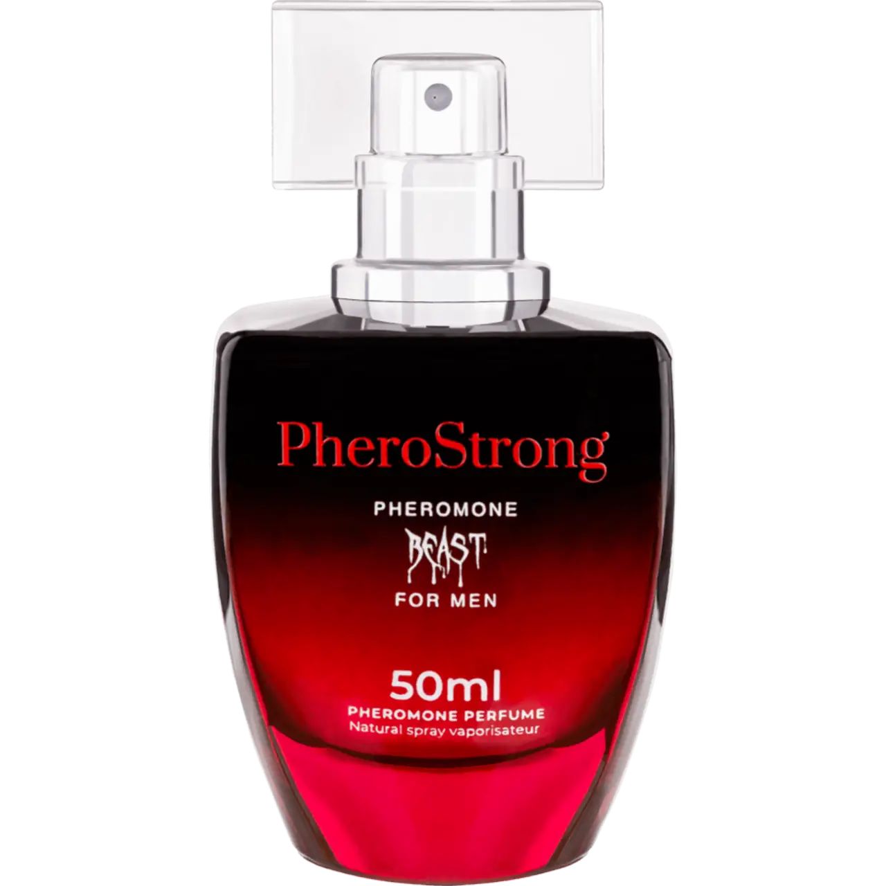 Roter und schwarzer Flakon mit Sprühkopf. Aufschrift: PheroStrong, Beast, 50ml.