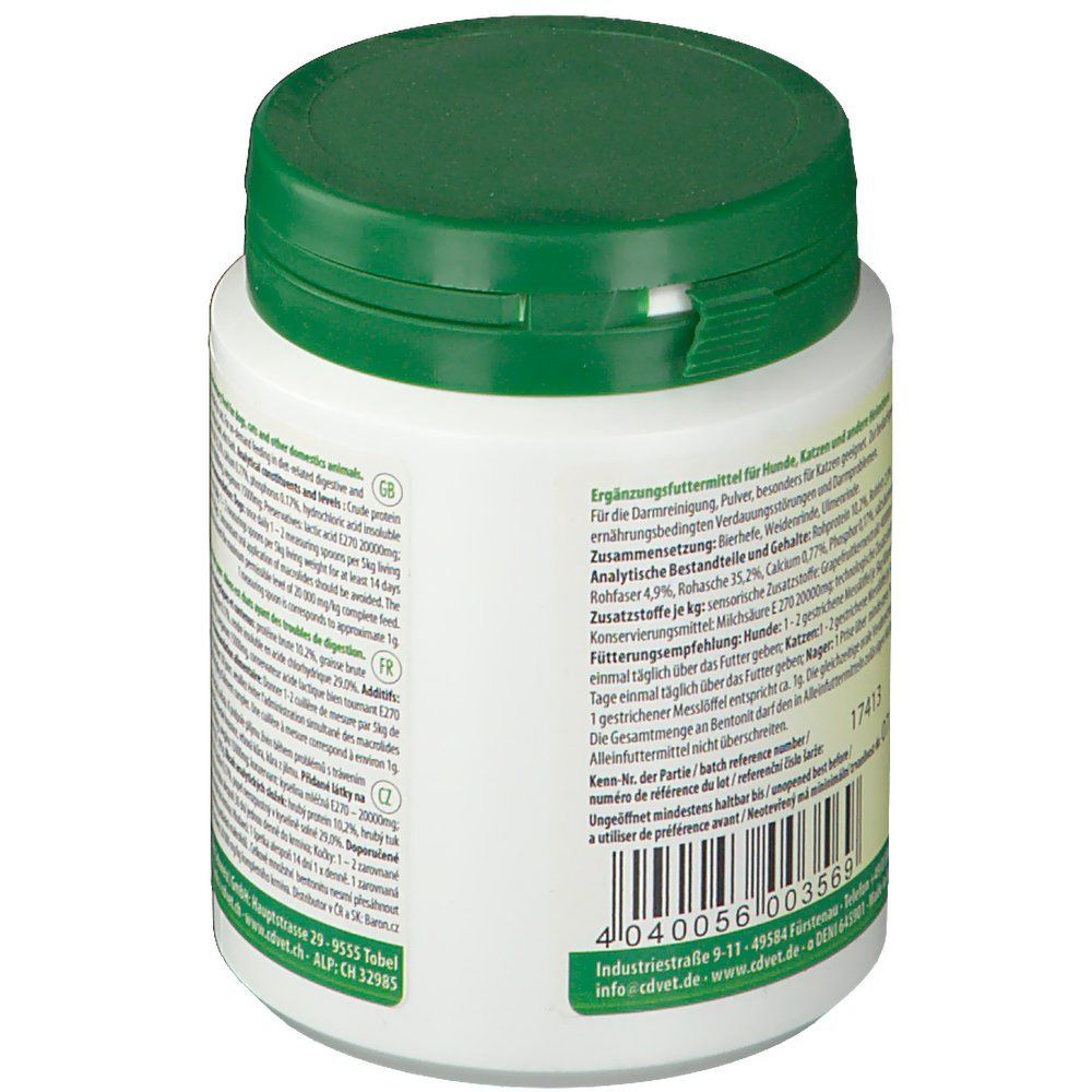 Weiße Dose mit grünem Deckel. Rückseite mit Produktinformationen und Barcode. Text in mehreren Sprachen.