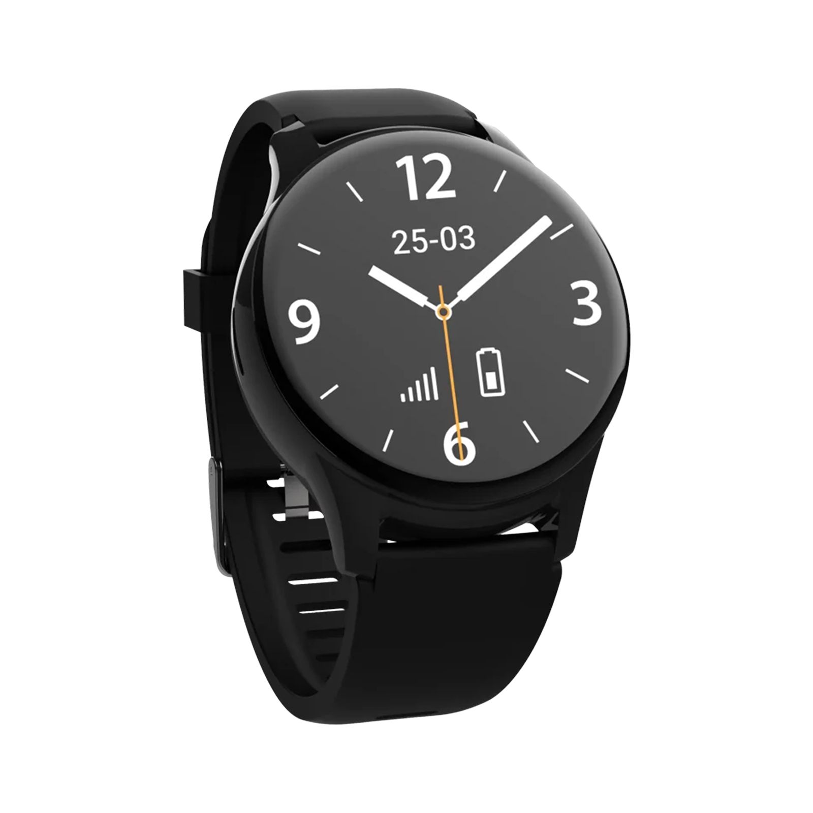 Schwarze Smartwatch mit rundem Zifferblatt und schwarzem Armband. Zeigt Uhrzeit, Datum und Akkustand an.