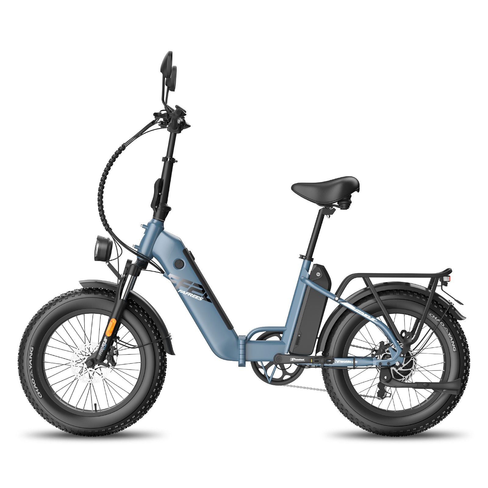 Blaues Fafrees FF20 Polar E-Bike mit Doppelladung. Schwarze Reifen, Sattel und Gepäckträger. Frontscheinwerfer.