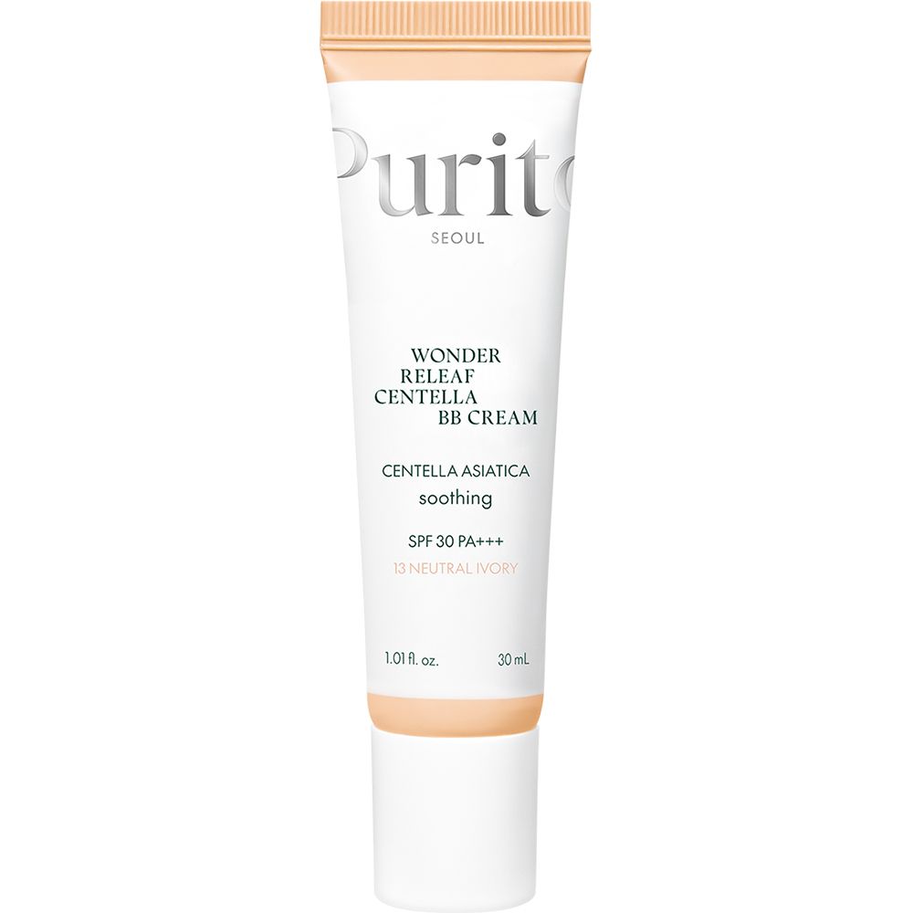 Tube mit PURITO Wonder Releaf Centella BB Cream. Text: SPF 30 PA+++, 13 Neutral Ivory. Creme-Farbe am unteren Ende des Tubus.