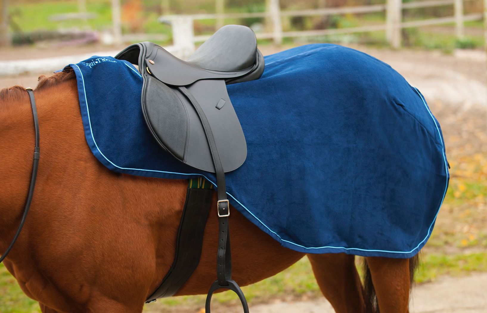 Blaue Equi-Theme Nierendecke California mit weißem Rand, unter einem Sattel auf einem Pferd.