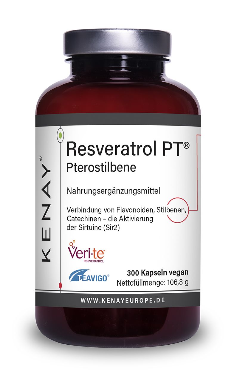 Braune Flasche mit weißem Etikett. Resveratrol PT Pterostilbene, Nahrungsergänzungsmittel. KENAY®-Logo. 300 Kapseln vegan.