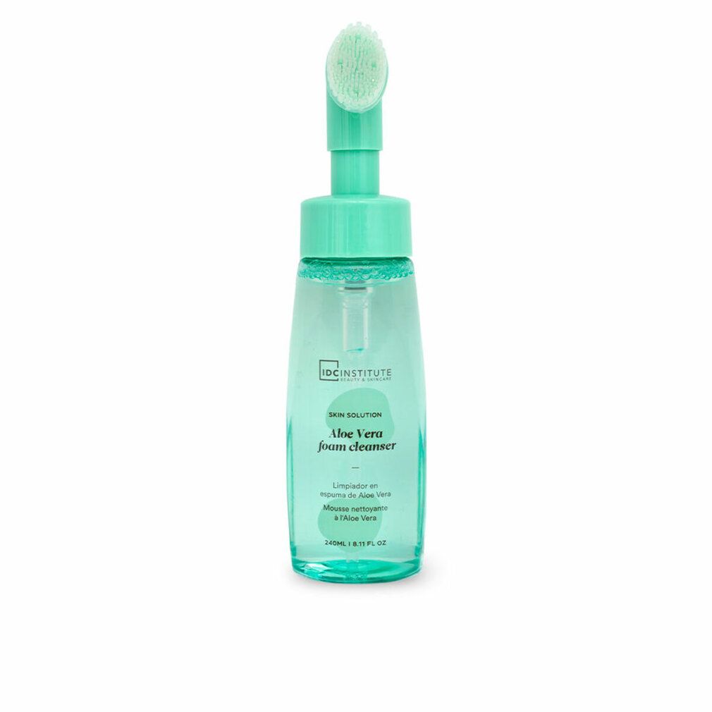 Aloe Vera Reinigungsschaum in einer durchsichtigen Flasche mit grünem Pumpspender und Bürstenapplikator.
