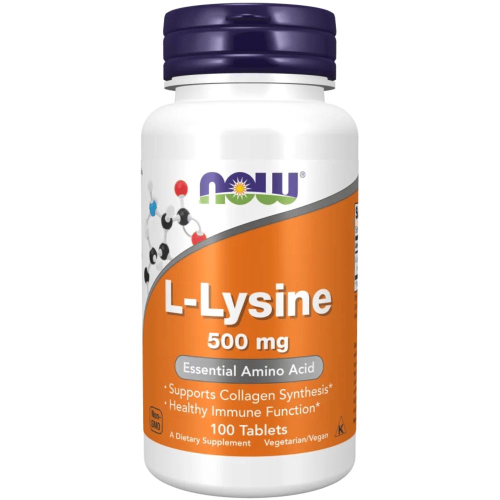 Weiße Flasche mit blauem Deckel. Aufschrift: L-Lysin 500 mg, Essential Amino Acid, 100 Tabletten. Marke: NOW.