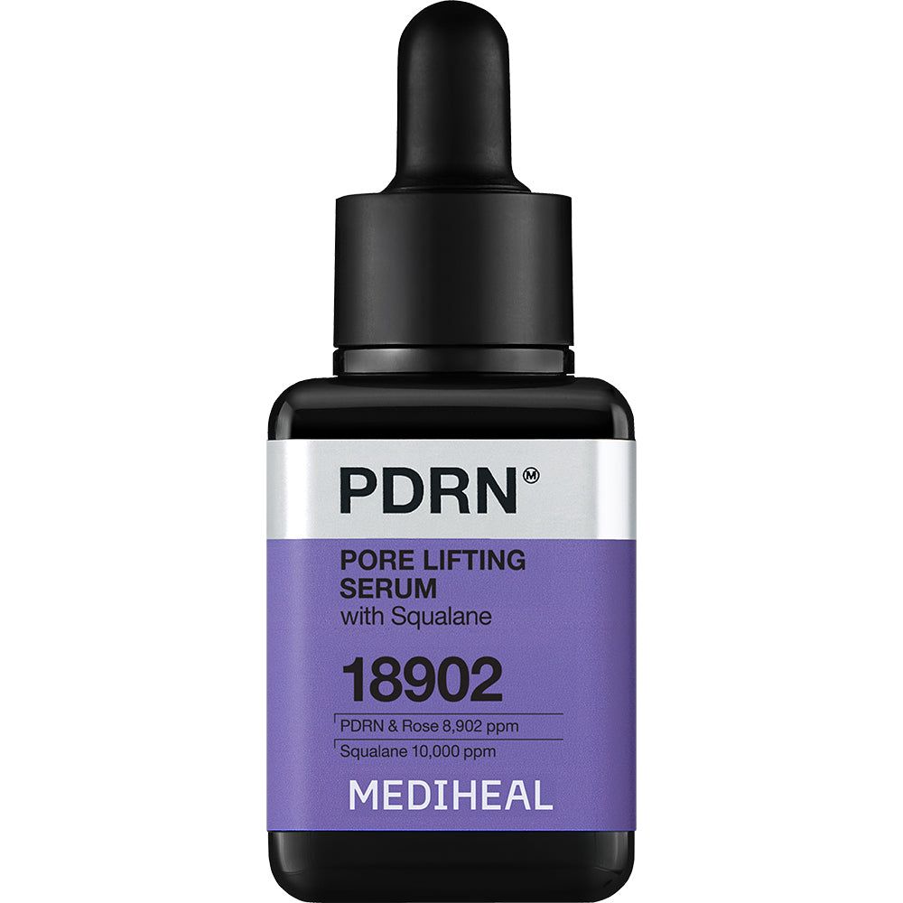 Serumflasche mit schwarzem Deckel. Aufschrift PDRN Pore Lifting Serum with Squalane. Lila Etikett mit Text und Marke MEDIHEAL.