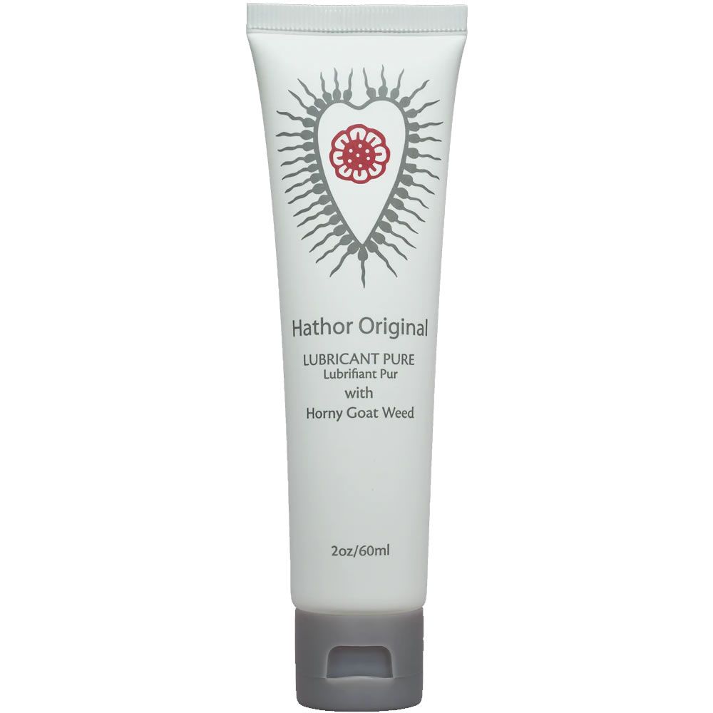 Weißer Tubenbehälter mit grauer Kappe. Aufschrift: Hathor Original, LUBRICANT PURE, mit Horny Goat Weed. 2oz/60ml.