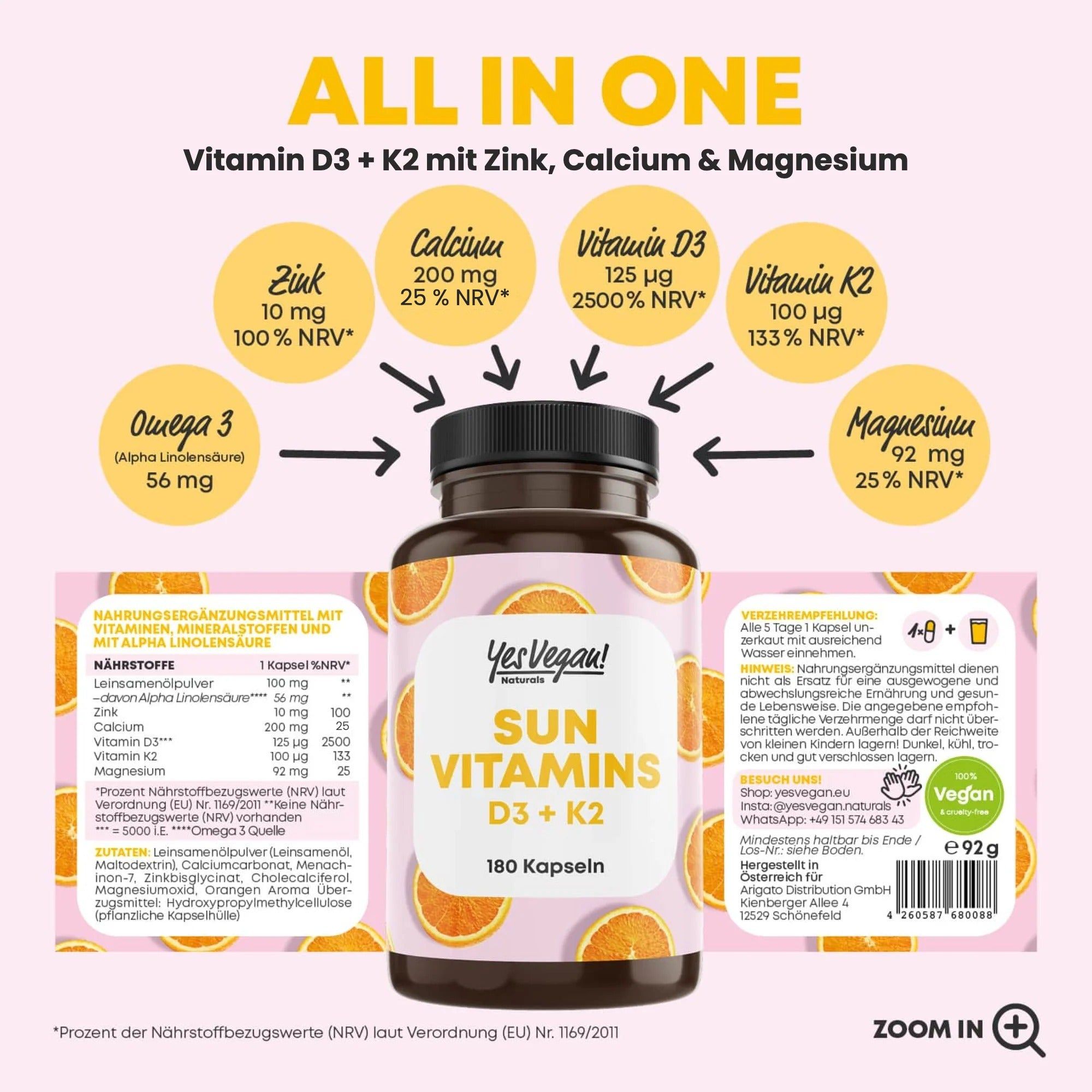 Flasche mit 180 Kapseln Sun Vitamins D3 + K2, mit Zink, Calcium, Magnesium und Omega 3.