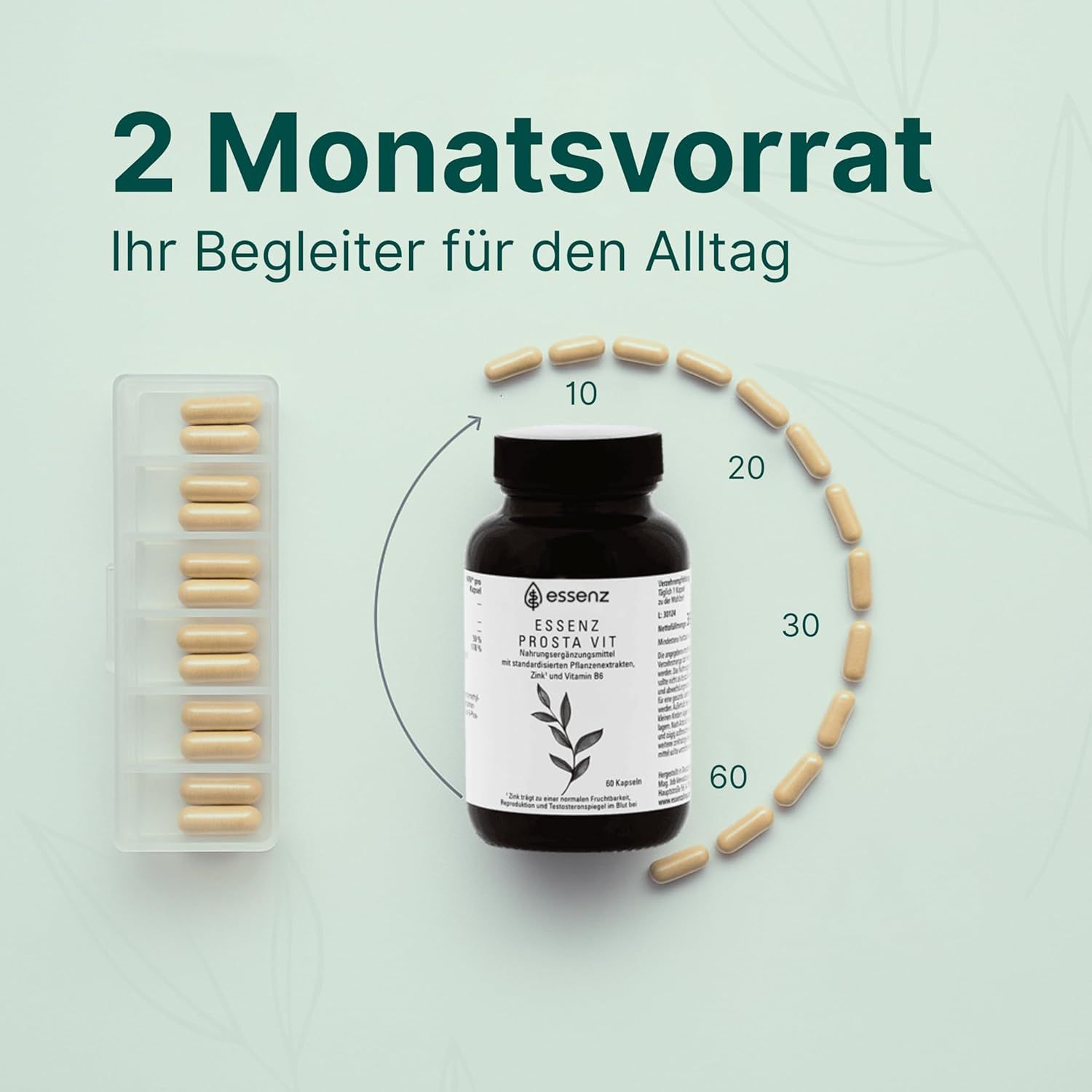 Braune Flasche ESSENZ Prosta Vit Kapseln, 60 Kapseln. 2 Monatsvorrat. Kapseln in Blisterpackung. Kapseln um Flasche angeordnet.