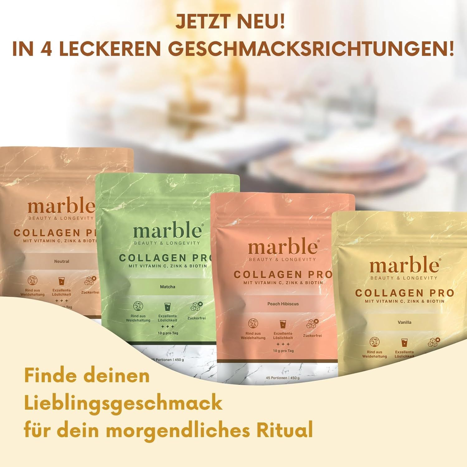 Vier Packungen Marble Collagen Pro in verschiedenen Geschmacksrichtungen: Neutral, Matcha, Erdbeere-Himbeere, Vanille.