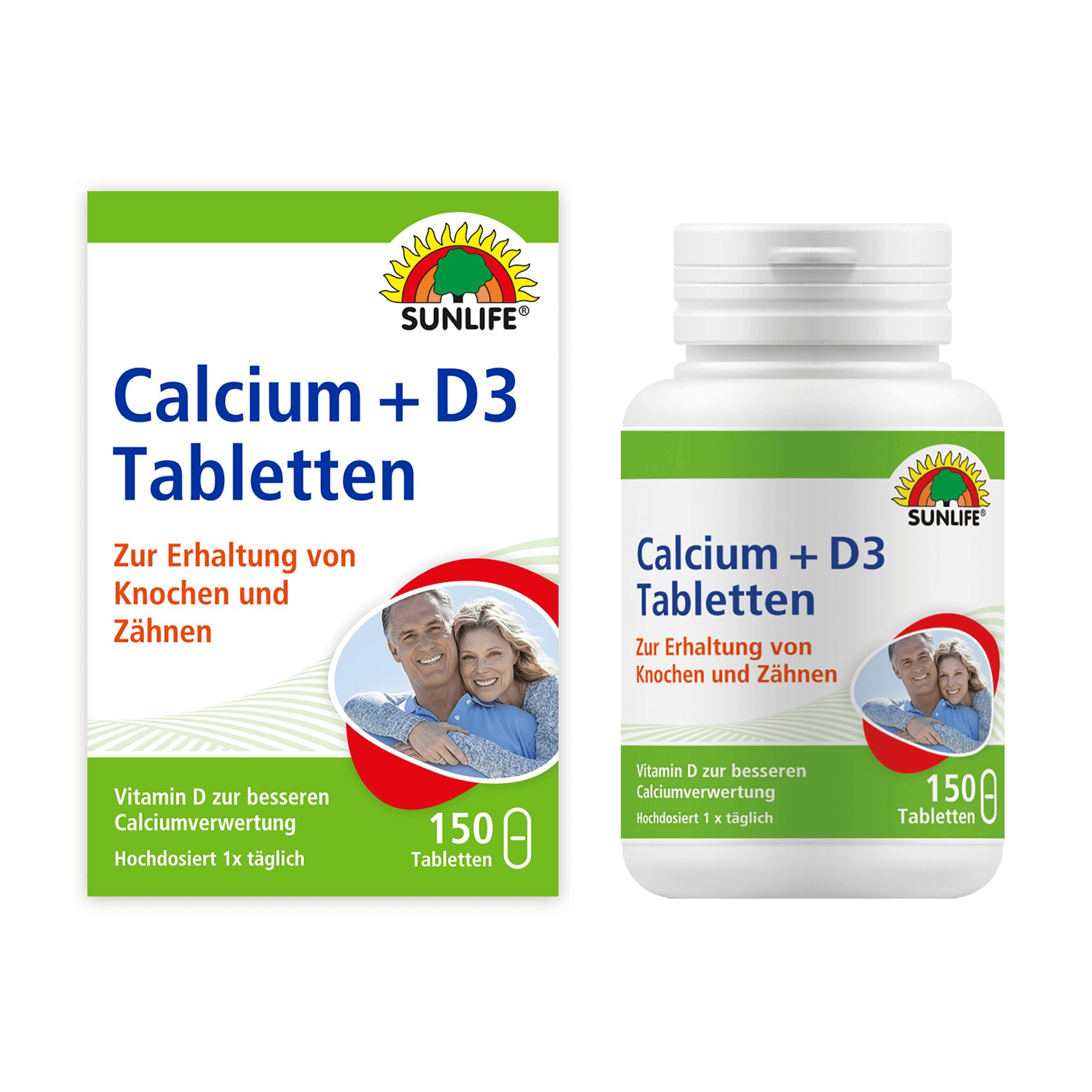 Weiße Flasche und Schachtel mit SUNLIFE Calcium + D3 Tabletten. Enthält 150 Tabletten. Aufdruck: Zur Erhaltung von Knochen und Zähnen.