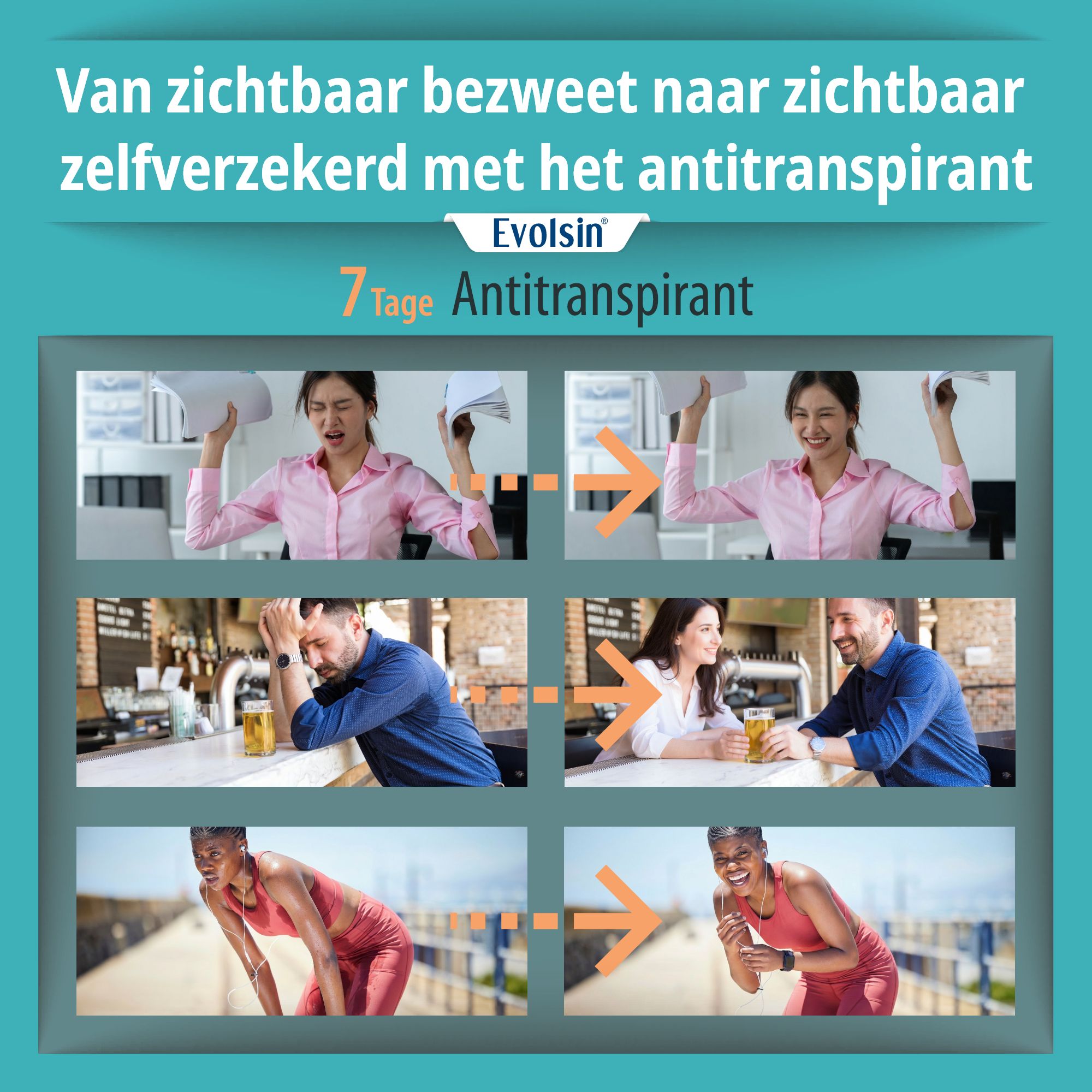 Werbebild mit Evolsin® Antitranspirant. Vorher-Nachher-Bilder von Personen in verschiedenen Situationen. Produktlogo oben.