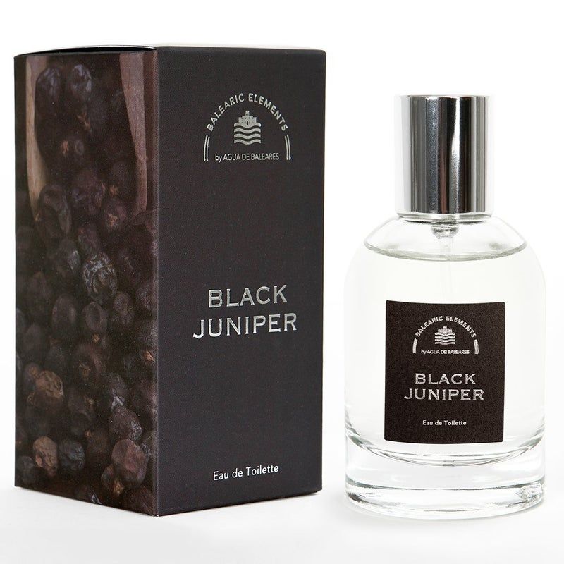 Schwarzer Flakon und Schachtel. Auf der Schachtel steht "Black Juniper" und "Eau de Toilette".
