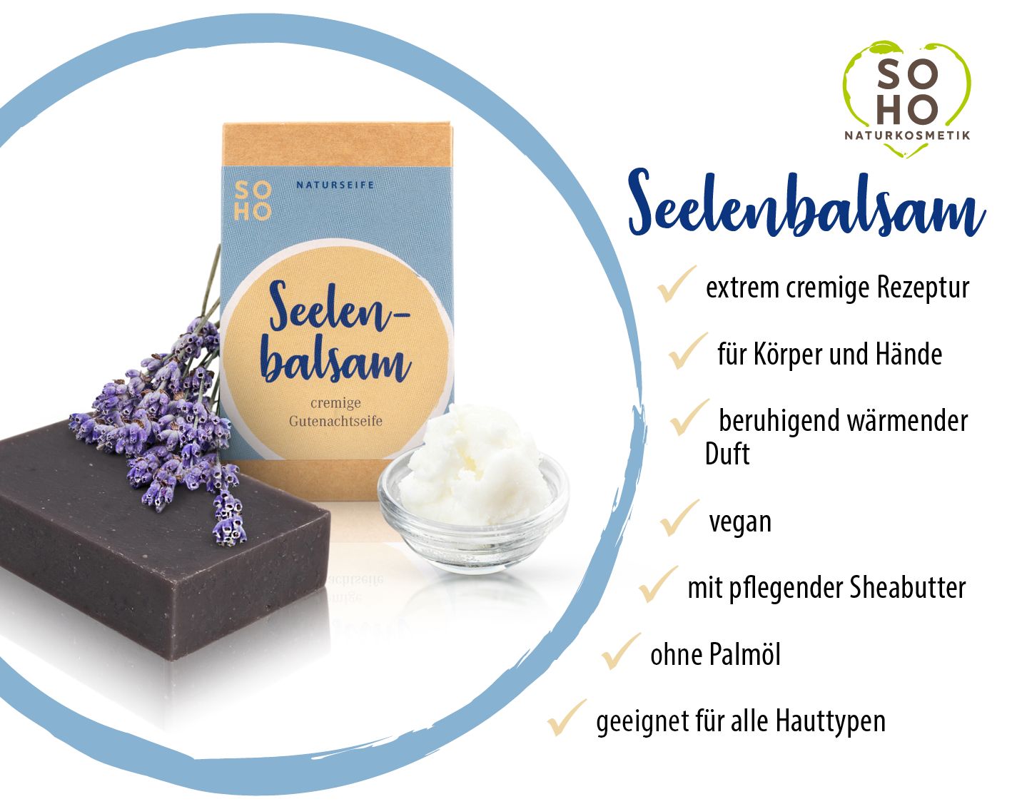 Körperseife neben Verpackung, Lavendel und Sheabutter. Aufschrift: Seelenbalsam. Marke: SOHO Naturkosmetik.
