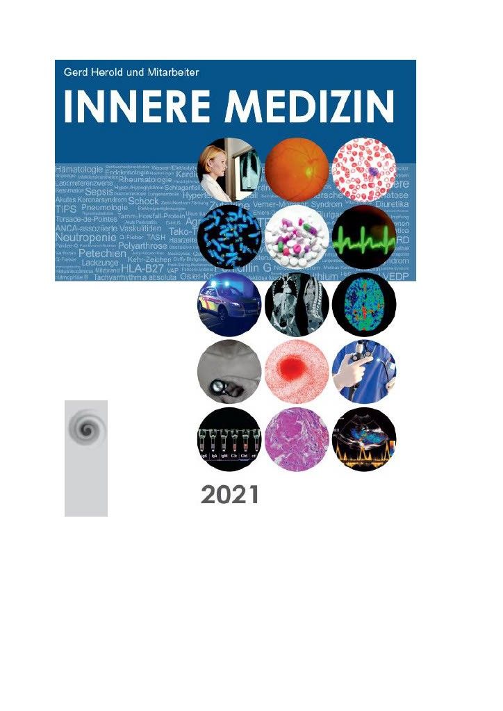 Buchcover Innere Medizin 2021. Titel in Blau, Illustrationen in Kreisen. Autorenname oben. Jahr 2021 unten.
