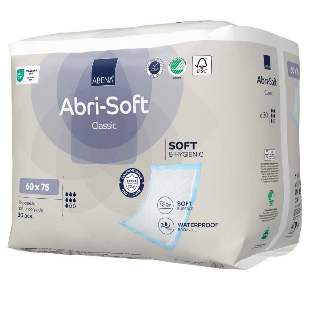 Abena Abri-Soft Classic. Verpackung. Größe 60x75 cm. Weiche, hygienische Oberfläche. Wasserdichte Rückseite. 30 Stück. Zertifizierungen.
