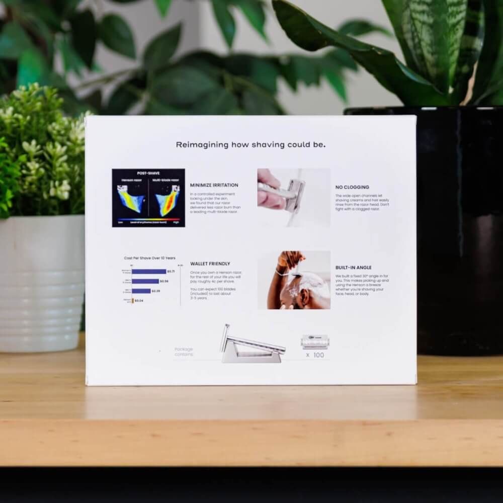 Rückseite der Verpackung. Diagramme und Text: Minimierung von Irritationen, keine Verstopfung, wallet friendly, Built-in angle.