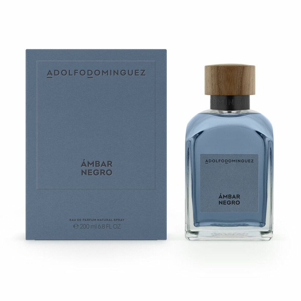 Flakon und Schachtel. Aufschrift: ADOLFODOMINGUEZ, ÁMBAR NEGRO. Blaue Farbe. Holzdeckel. 200 ml.