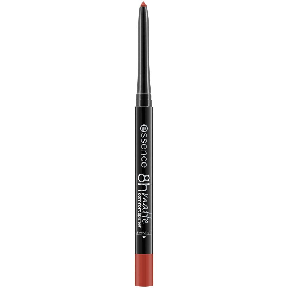Lippenstiftstift mit roter Spitze. Schwarzer Stift mit weißer Schrift: essence, 8h matte comfort liner.