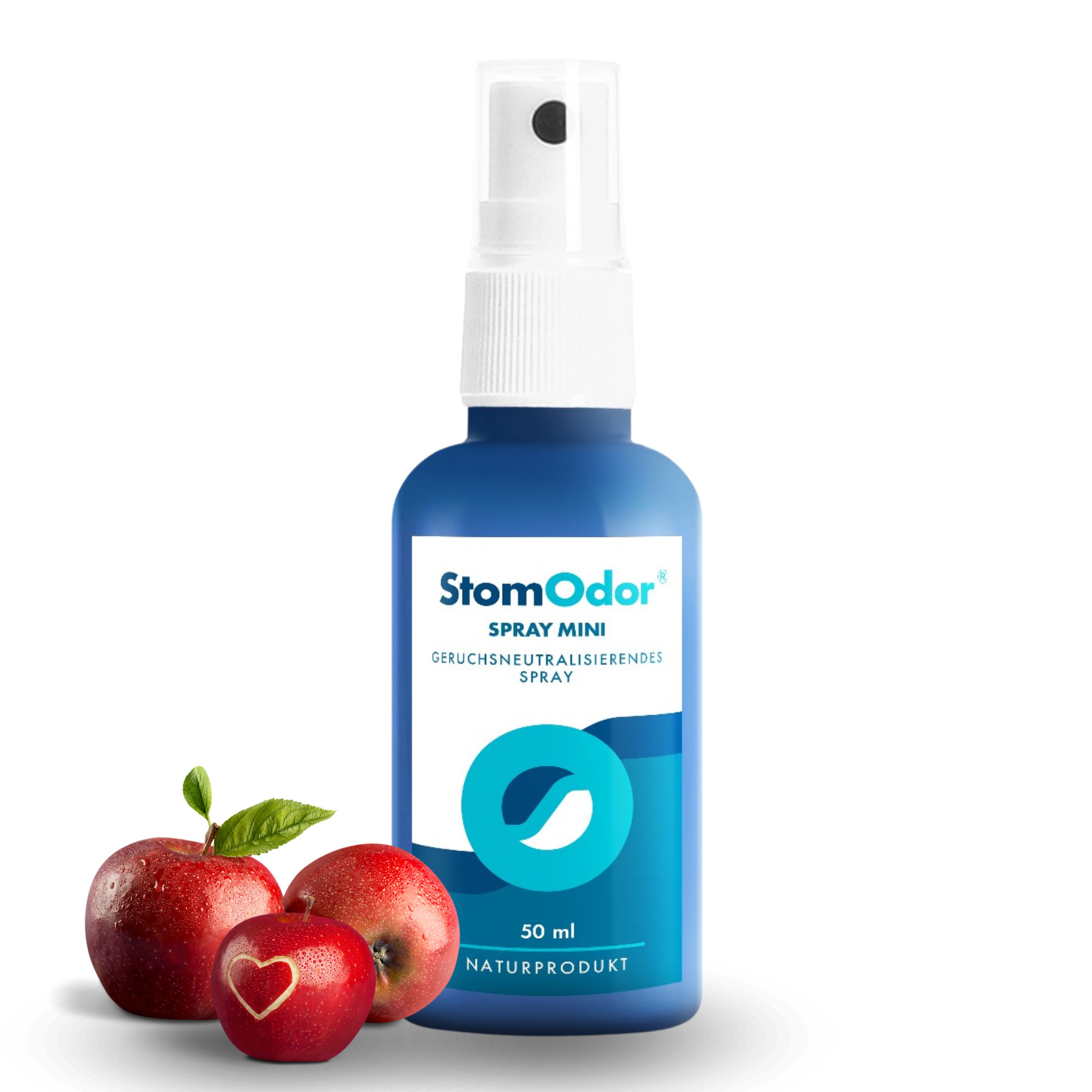 Blaues Spray mit weißem Sprühkopf. Aufschrift: StomOdor Spray Mini. Daneben Äpfel.