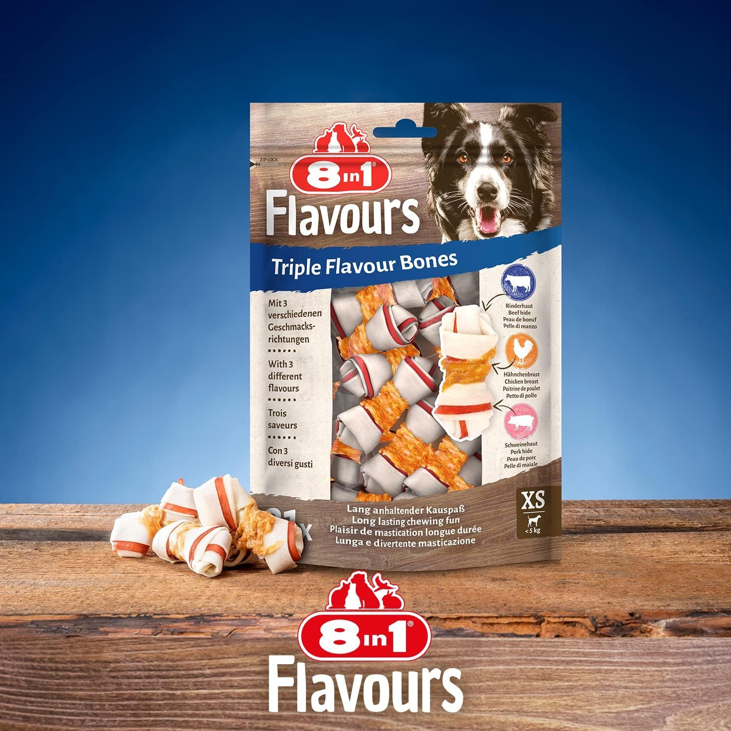 Verpackung der 8in1 Triple Flavour Bones XS Kausnacks, mit drei Geschmacksrichtungen.